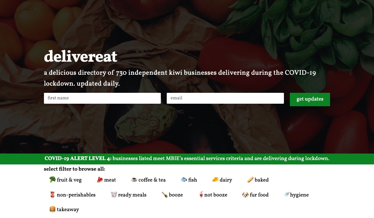 The Delivereat home page in 2020: a dark food photograph with the word delivereat, the line 'a delicious directory of 730 independent kiwi businesses delivering during the COVID-19 lockdown, updated daily', a green COVID-19 Alert Level 4 banner, and category filters for fruit and veg, meat, coffee and tea, fish, dairy, baked, non-perishables, ready meals, booze, not booze, fur food, hygiene and takeaway.